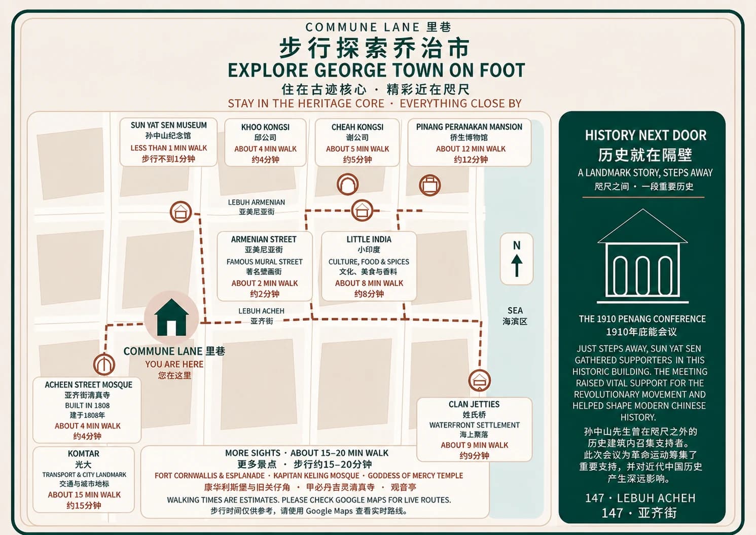Bilingual walking map from Commune Lane to nearby George Town landmarks