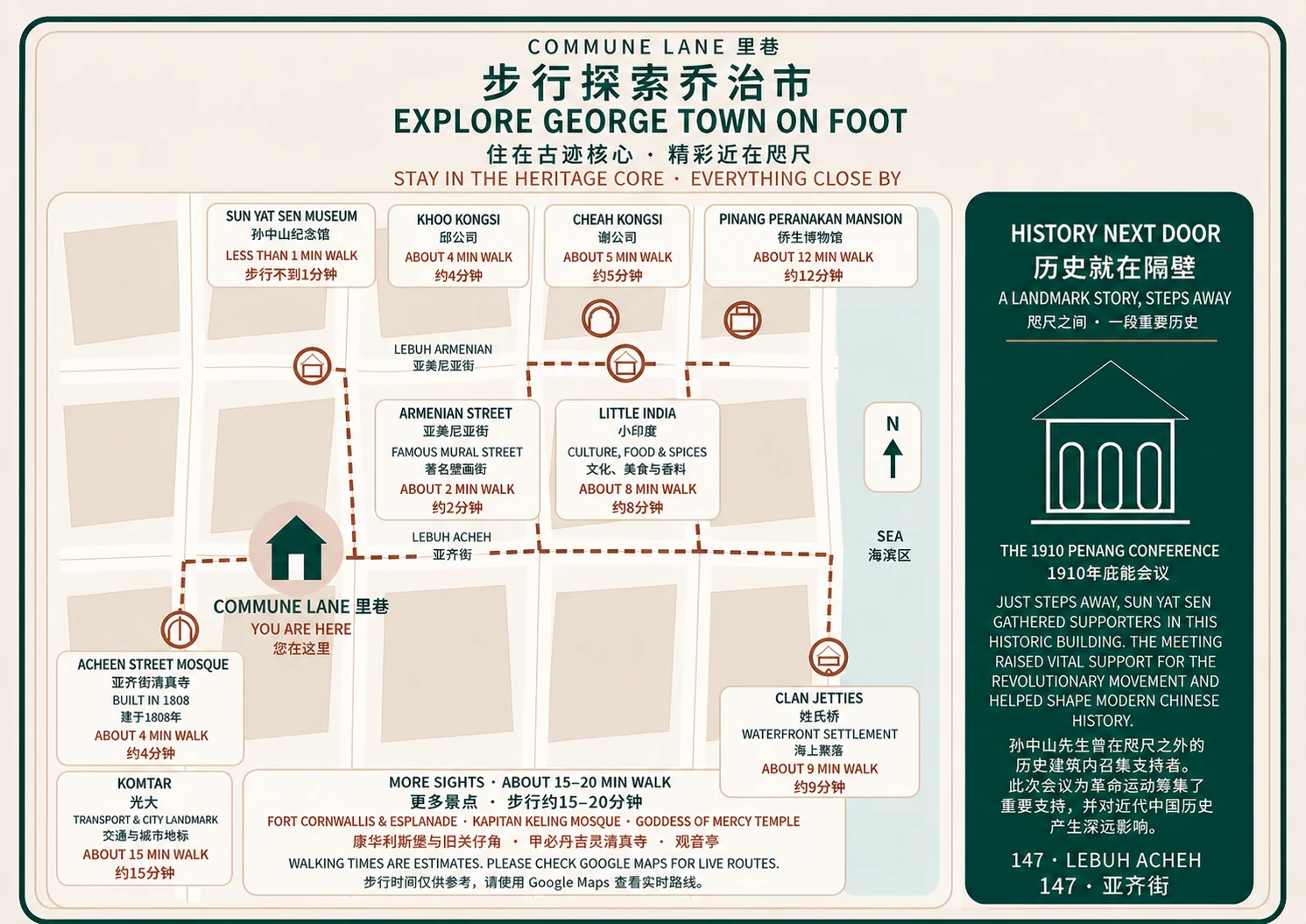 Bilingual walking map from Commune Lane to nearby George Town landmarks